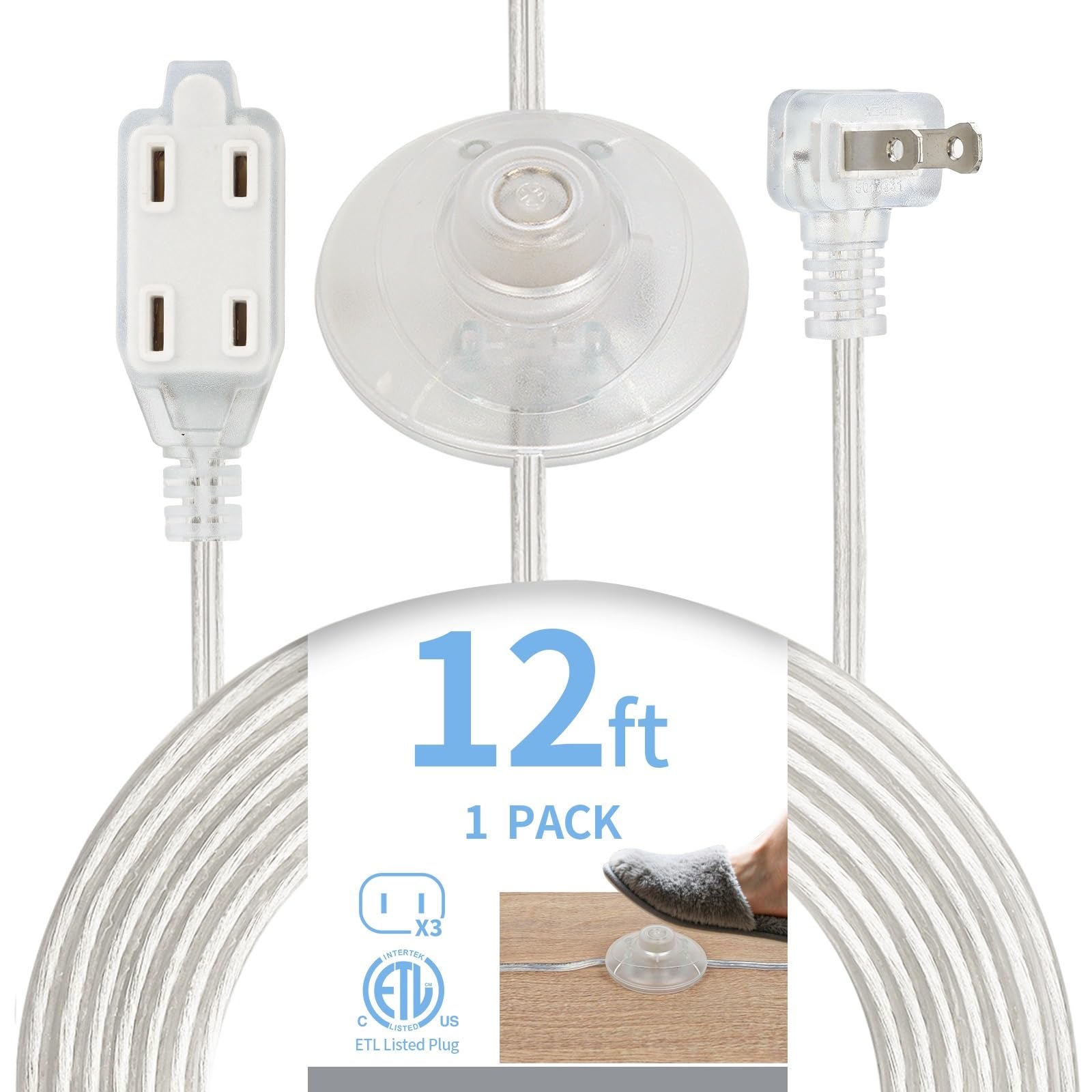 Haultop 12FT Extension Cord with Switch ON/Off, 3 Outlet Clear Extension Cord Indoor Thin, 2 x 18AWG, 7A/125V, UL Listed, 2 Prong Flat Plug, 1 Pack