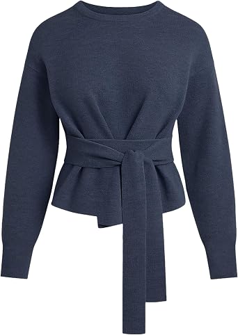 Yeokou Women Tie Front Sweater Soft Loose Long Sleeve Crew Neck Belt Knit Pullover Top Office Dressy