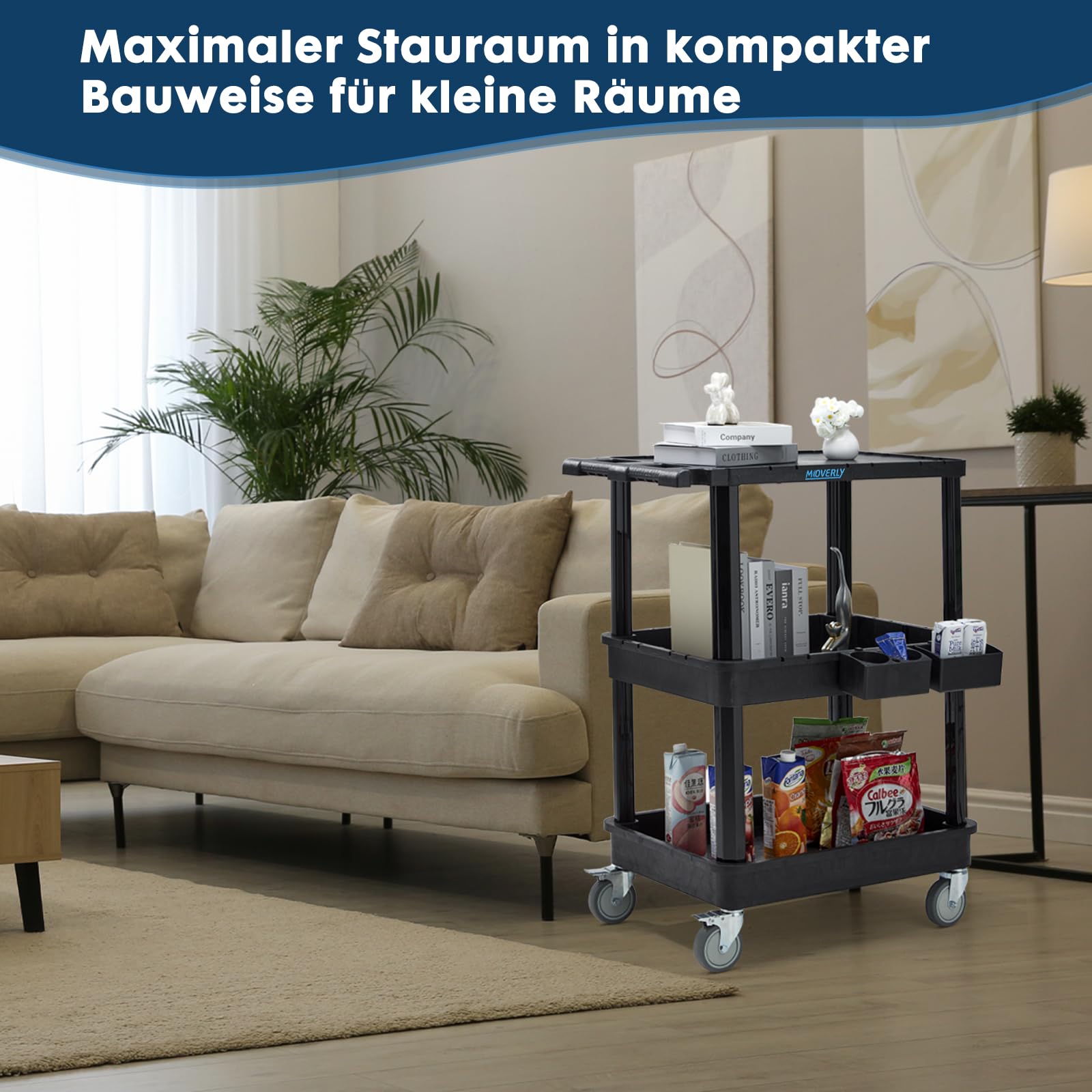 3-stufiger Rollwagen mit Flacher Ablage & tiefen Regalen, 70 x 46,4 cm, Kunststoff-Mehrzweckwagen mit 10 cm Rollen, 150 kg Tragkraft – für Büro, Werkstatt, Lager geeignet