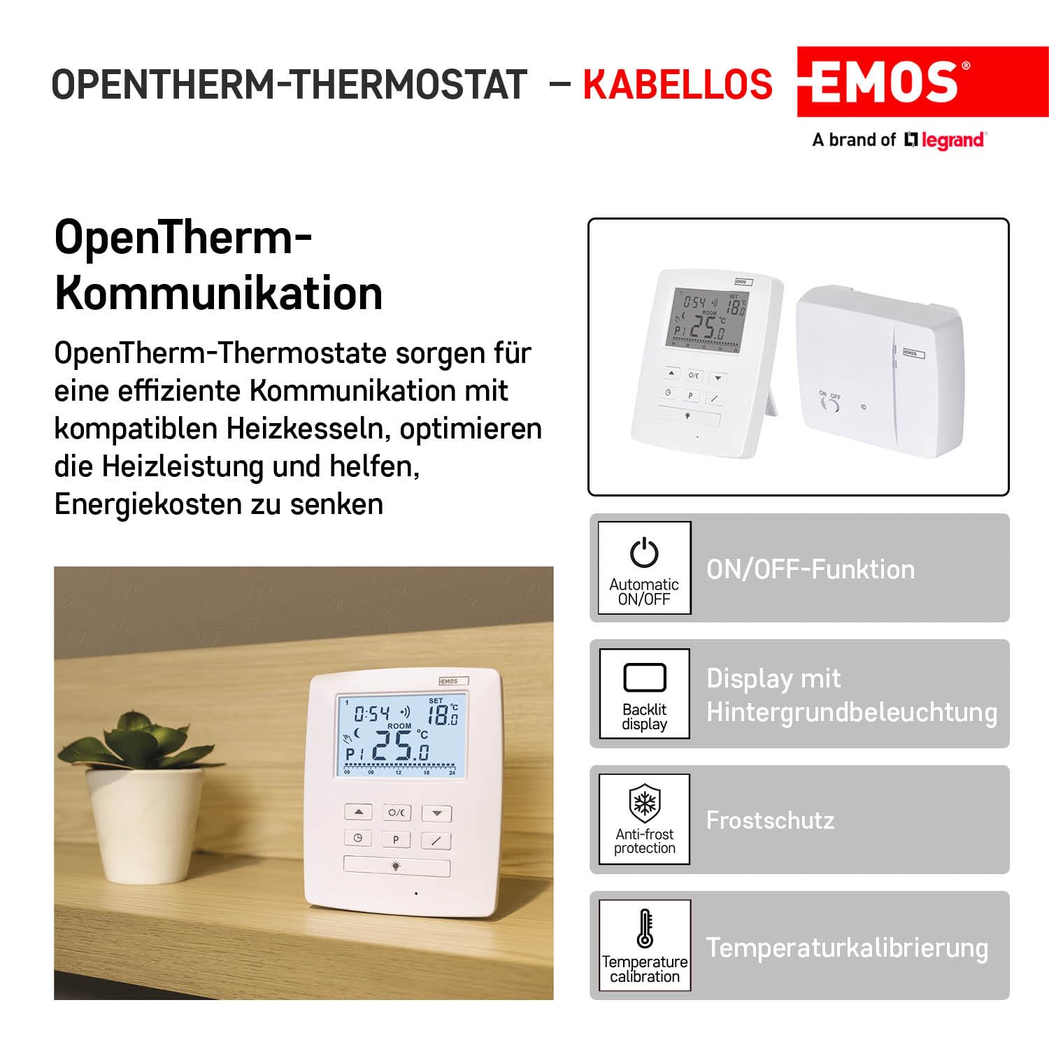 EMOS Termostato inalámbrico OpenTherm, regulador de Temperatura Digital programable para calefacción o Aire Acondicionado, 9 programas, anticongelante, ON-Off, diferencial Ajustable, 11,5 x 3,7 x 9,1