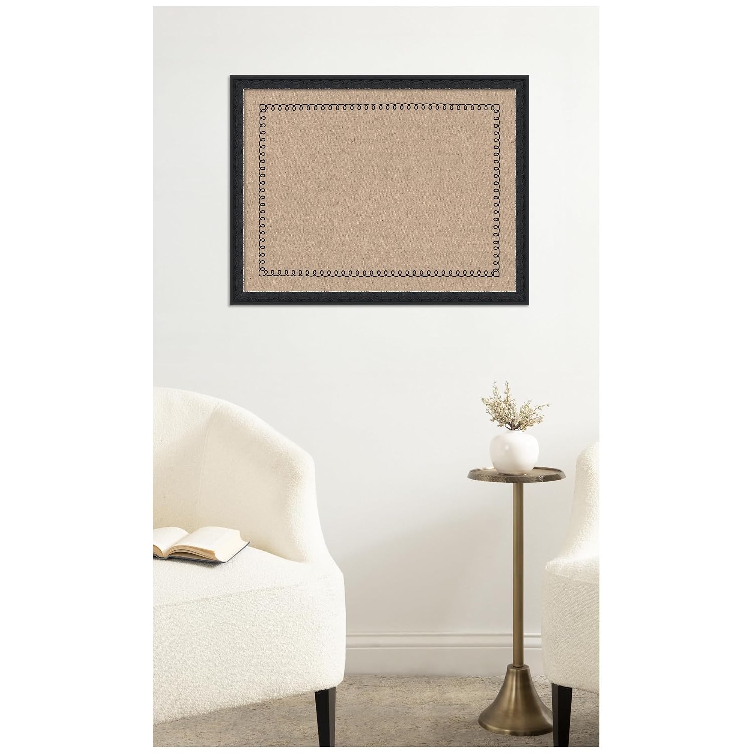 Kate and Laurel Framed Fabric Pinboard 26 x 20, Black Scalloped Edge Printed Linen Decorative Bulletin Board for Use as a Vision Board or Wall Organization, Bethany Black Frame