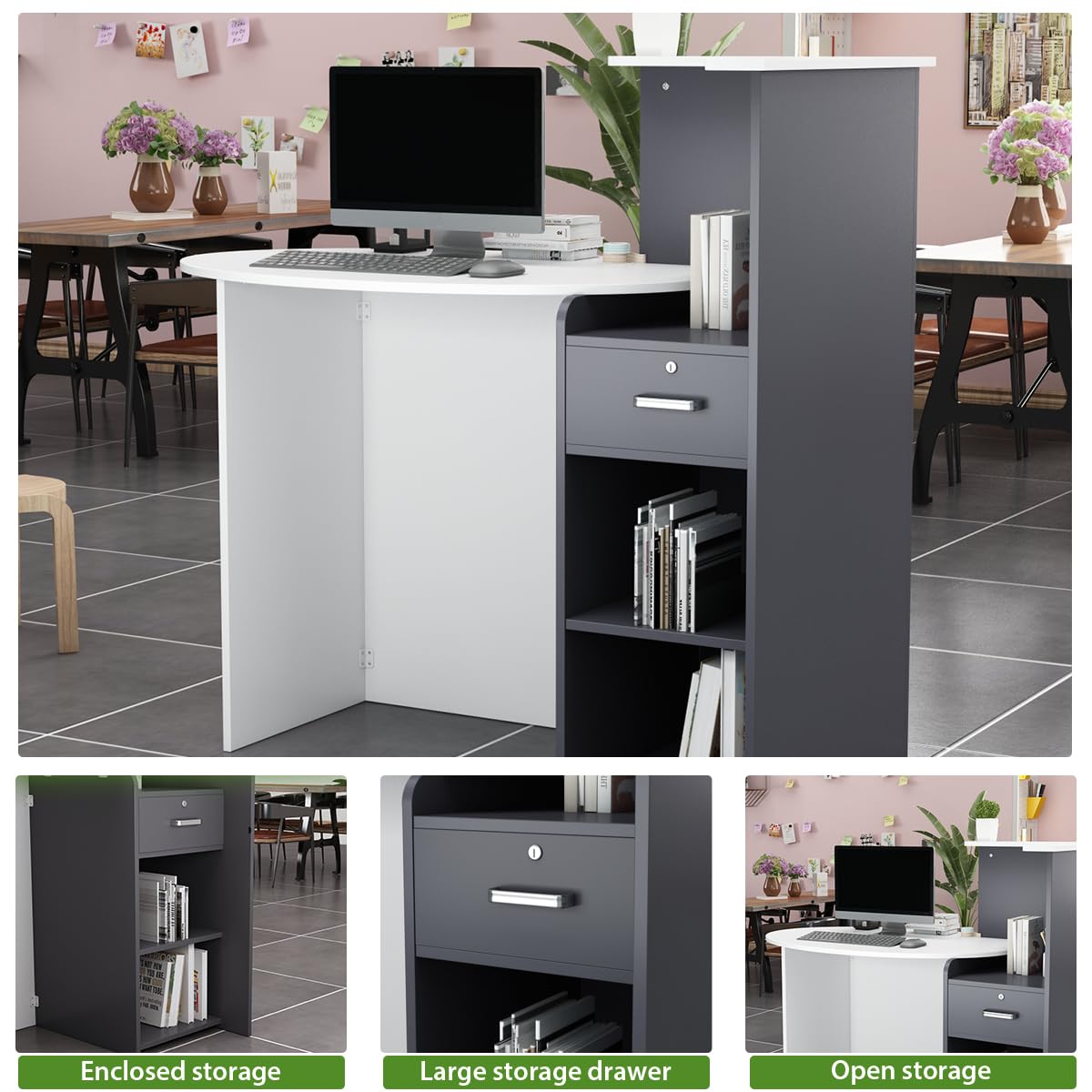 Banco di benvenuto, bancone reception, bancone di accoglienza con superficie di archiviazione aperta e 1 cassetto con serratura a chiave, motivo Patchwork, 40 x 121 x 110 cm, colore: Nero e
