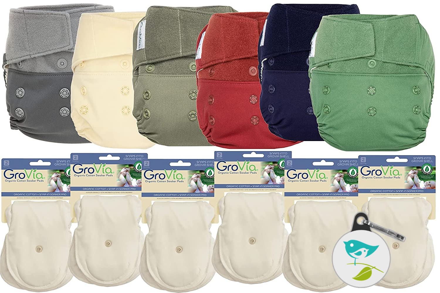 GroVia Hybrid Part Time Package: 6 Shells + 12 Organic Cotton Soaker Pads (Color Mix 7 - Hook & Loop