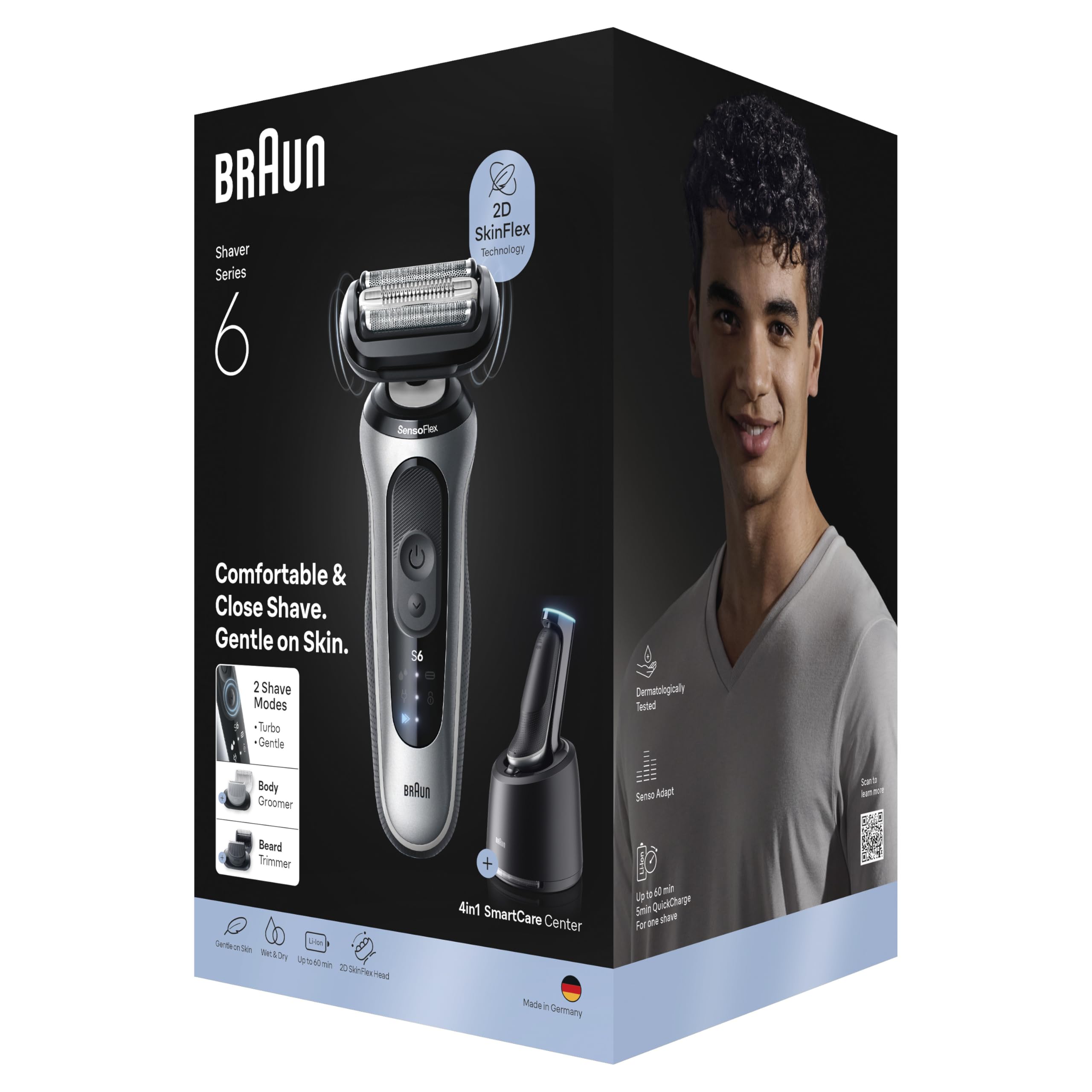 Braun Series 6 Afeitadora Eléctrica Hombre, 62-S7650CC,Plata | Máquina de Afeitar Barba con 2 Modos de Afeitado, 2 Accesorios de Rasurado, Centro de Limpieza, Estuche de Viaje