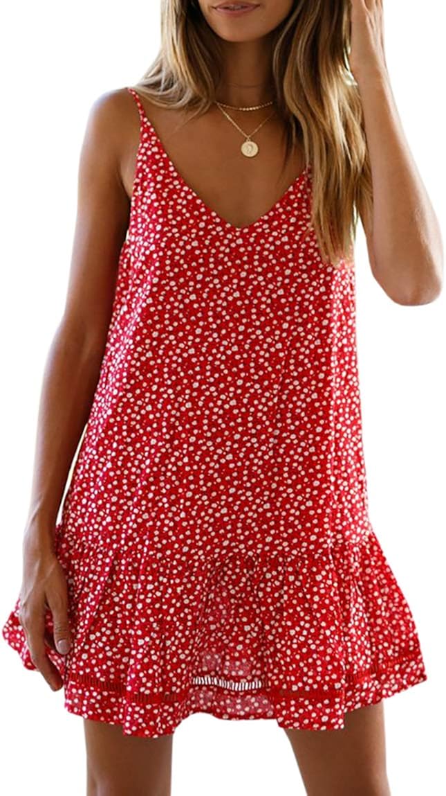 Valphsio Womens Floral Spaghetti Strap Short Dress Boho V Neck Mini Beachwear Dress Sundress