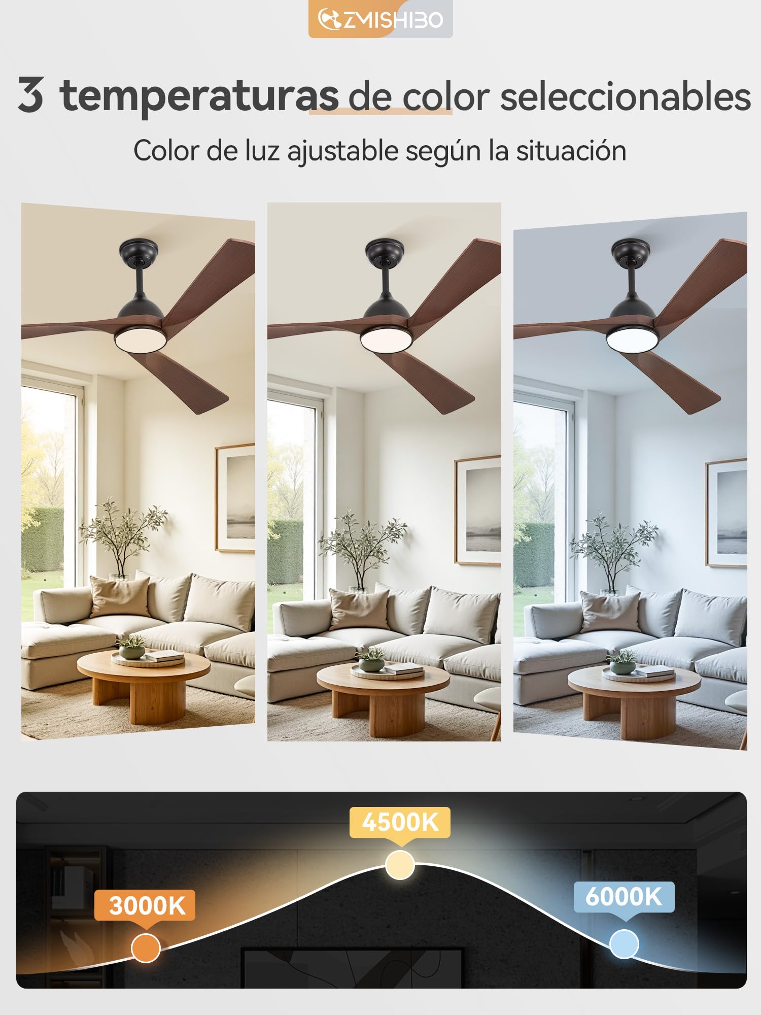 Ventilador Techo Luz Ø132cm, Motor DC Silencioso, 6 Velocidades + 3 Temperaturas LED (3000K-6000K), Reversible Verano/Invierno, Temporizador 1/4/8h, ABS Madera Marrón Oscuro,Montaje por el cliente