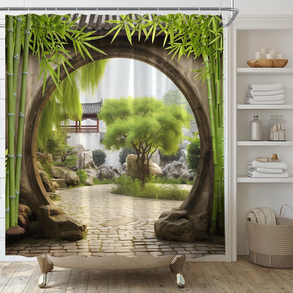 Japanese Garden Shower Curtain Green Bamboo Nature Spring Scenery Home Fabric Bathroom Decor Set with Hooks,(70" Wx74.8 H)