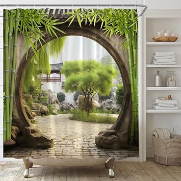 Japanese Garden Shower Curtain Green Bamboo Nature Spring Scenery Home Fabric Bathroom Decor Set with Hooks,70" WX70 H