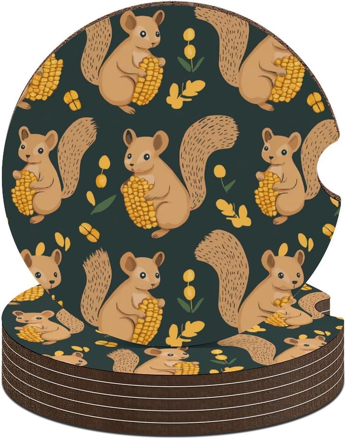 Squirrels Eat Corn Cute Car Coasters 2.56 Inch Absorbent Cup Holder for Drinks Auto Interior Accessories