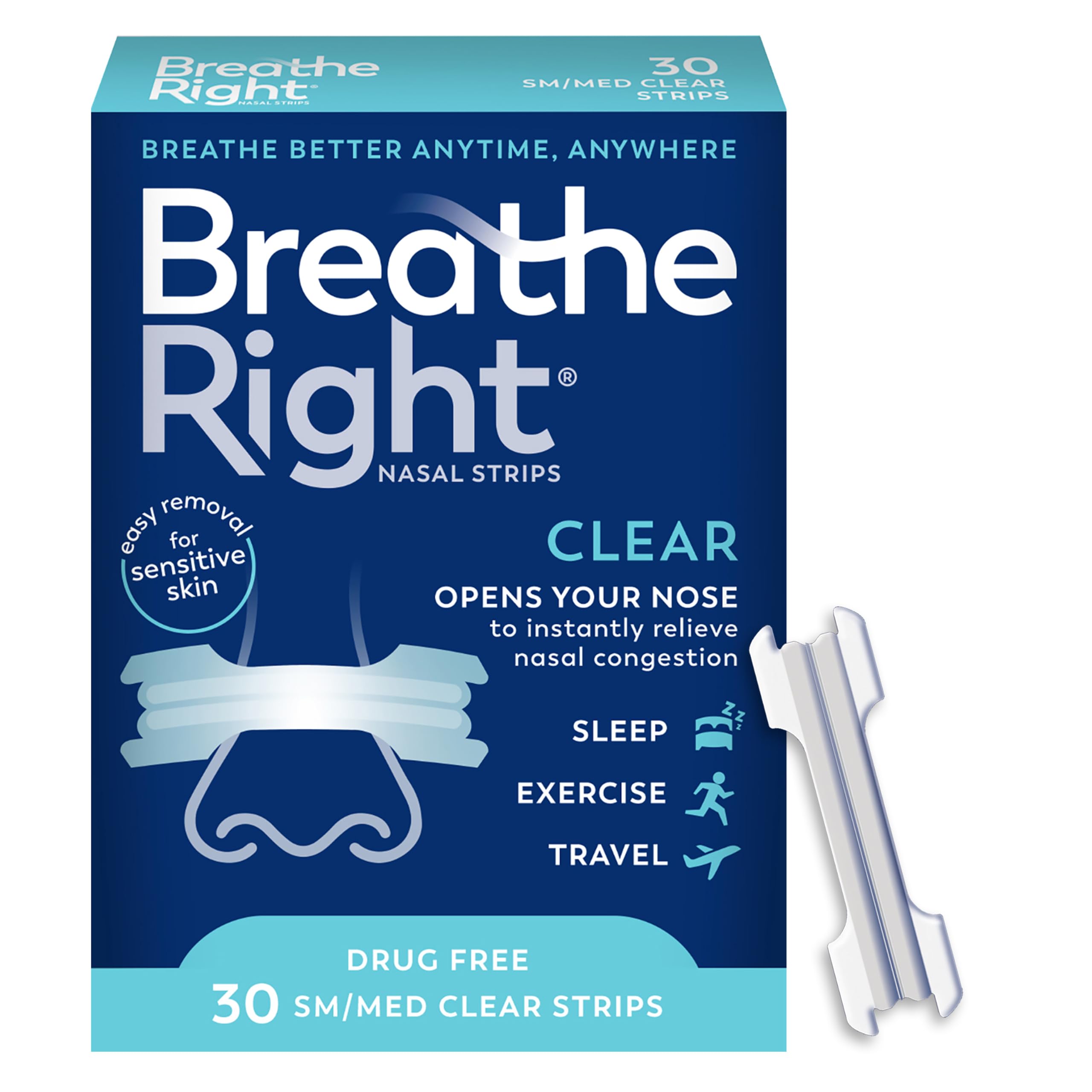 Breathe Right Nasal Strips, Relieves Nasal Congestion, Sm/Med, Clear, 30 ct