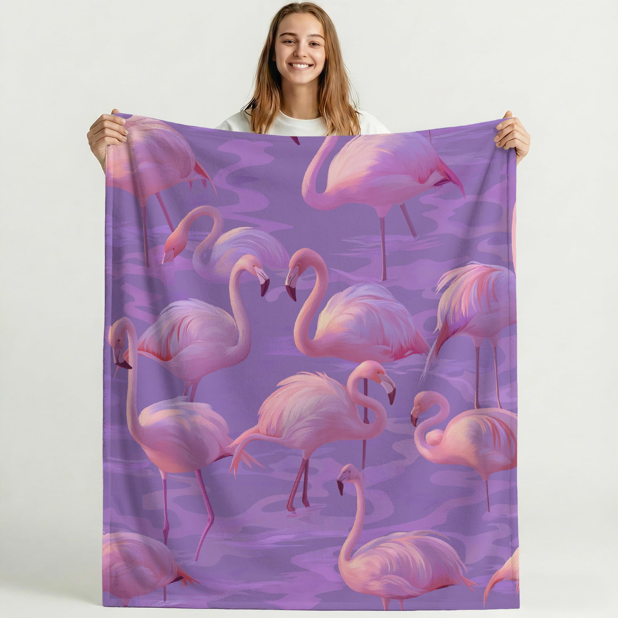 Różowy miękki koc, bardzo miękki w 100% z mikrofibry, ptak flanelowy koc polarowy, 150 x 200 cm, łatwy w pielęgnacji i trwały, różowy flamingi Fantasy Plaid na sofę
