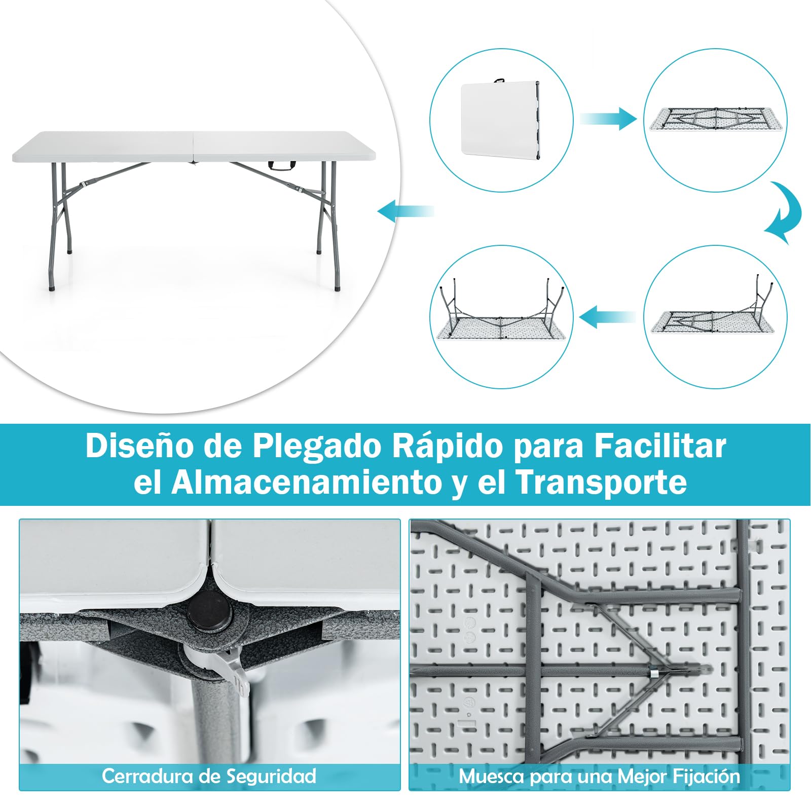 GYMAX Mesa de Camping Portátil Plegable con Asa de Transporte, Mesa de Jardín, Mesa de Balcón hasta 150 kg, Soporta 180 x 73 x 73 cm, para Exteriores, Camping, Pícnic, Blanco