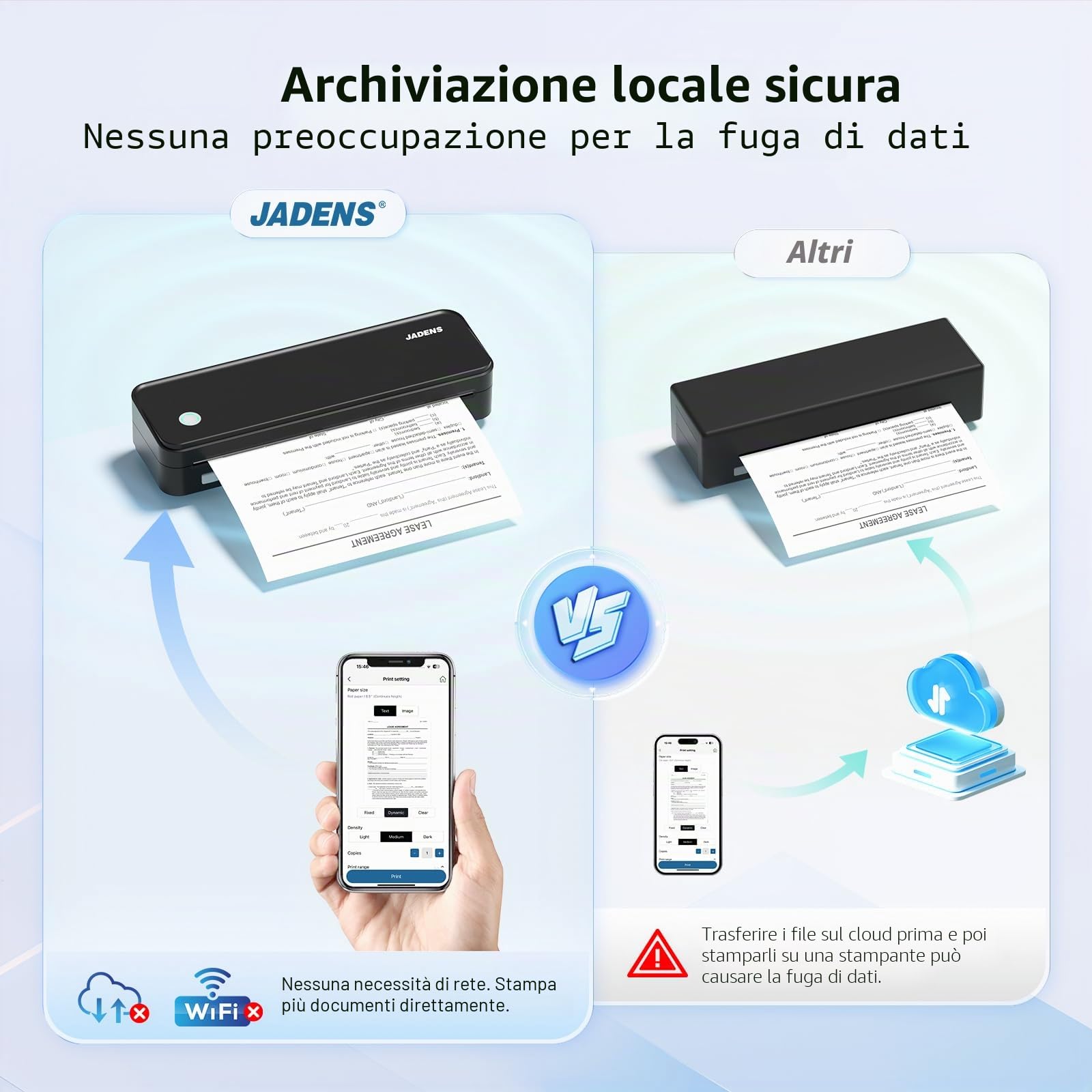 JADENS Stampante termica portatile, supporta 210 x 297 mm A4, stampante portatile Bluetooth A4, compatibile con Android e iOS per viaggi e laptop