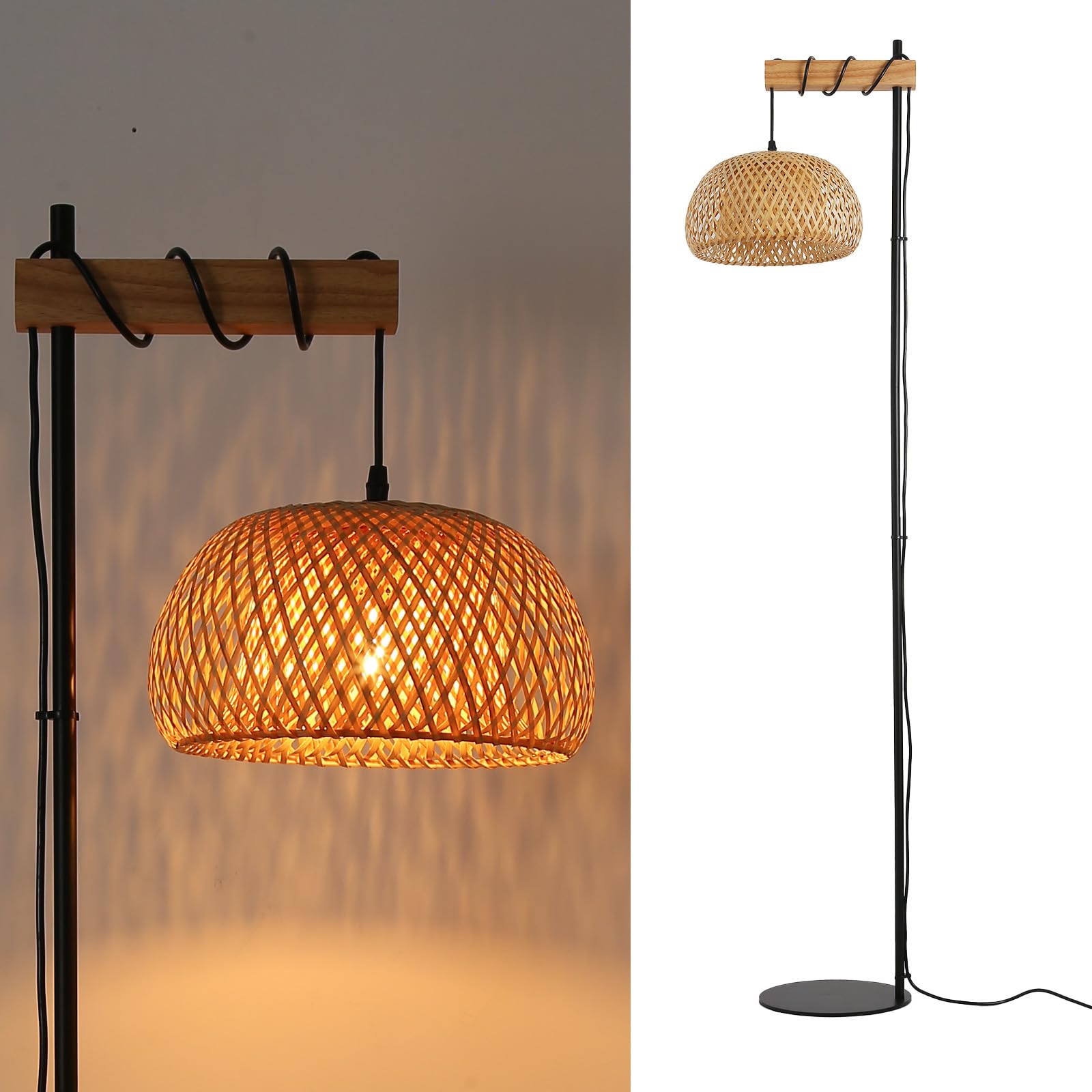 Alpinaluz Lámpara de Pie con Pantalla de Mimbre Natural Hecha a Mano – Estructura Negra y Madera, Base Ultrafina, Interruptor de Pie – Estilo Moderno Boho, Altura 157 cm, E27