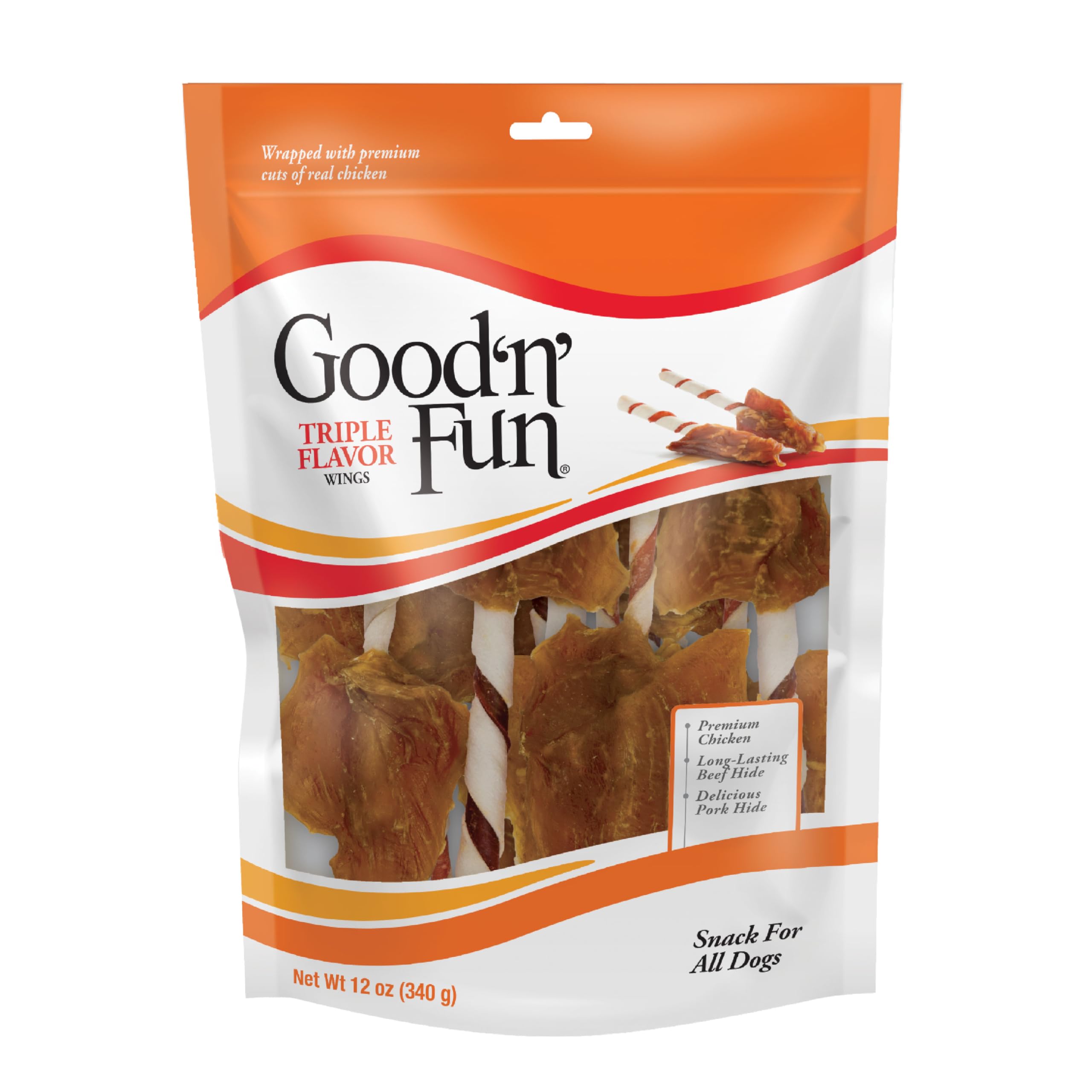 Good ‘n’ Fun Triple Flavor Wings Chews for All Dogs, 12 Ounces, Treat Your Dog to Long-Lasting Chews Made with Chicken, Beef Hide and Pork Hide