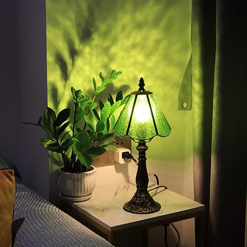 Small Tiffany Table Lamp Grass Green Rippled Stained Glass Desk Lamps 6X6X14 Inch Bronze Resin Base Antique Mini Accent Light