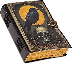 Diário de couro – Caderno gótico vintage feito à mão de corvo e caveira 7 × 5 | 240 páginas em branco | Cadeado | Couro genuíno de flor integral | Grimório Wiccan sem forro e presente de