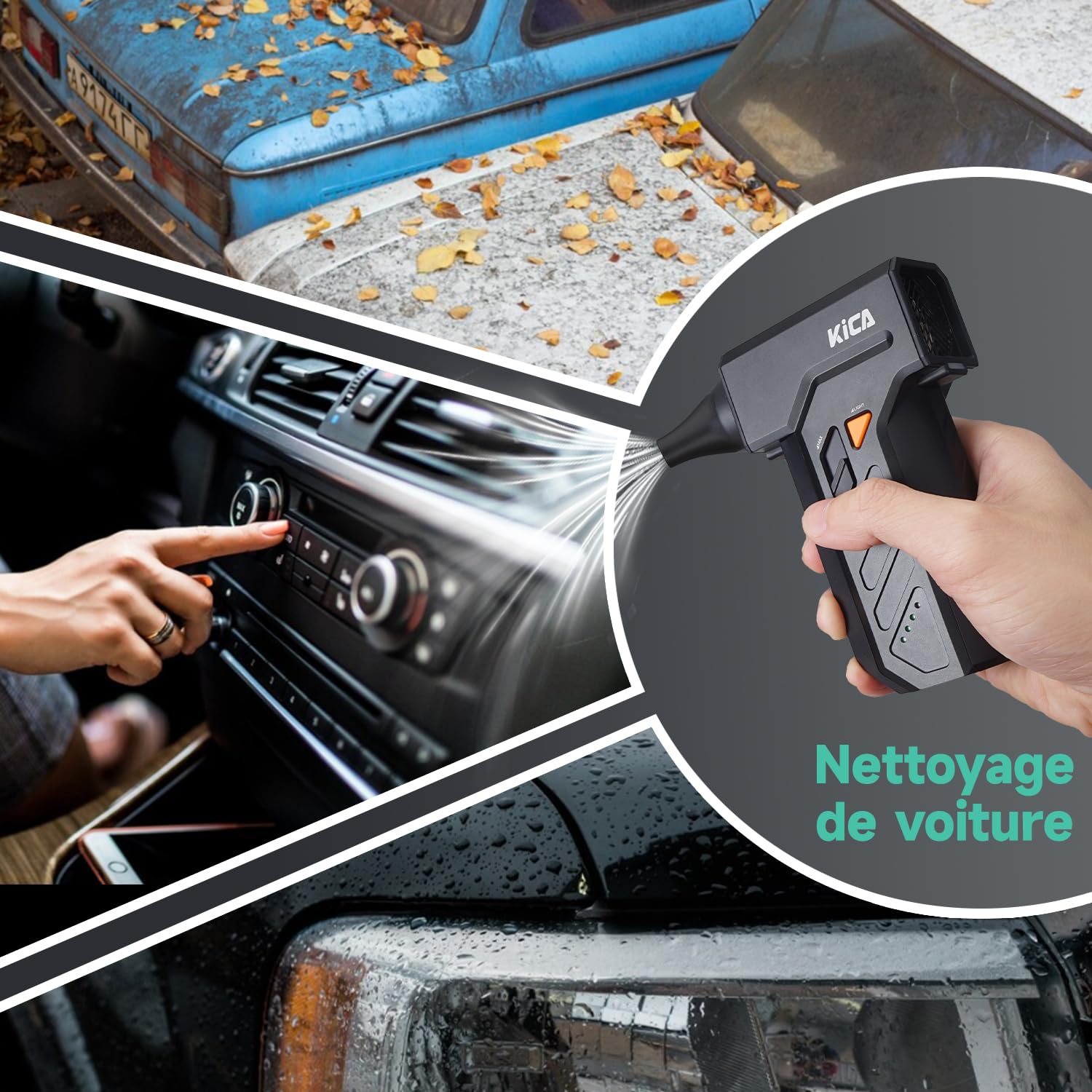 Kica JetFan Ultra Souffleur à air électrique & spray à air comprimé – 130 000 tr/min, vitesse du vent 48 m/s, USB rechargeable, air duster pour PC, clavier, voiture, canapé et bureau avec éclairage