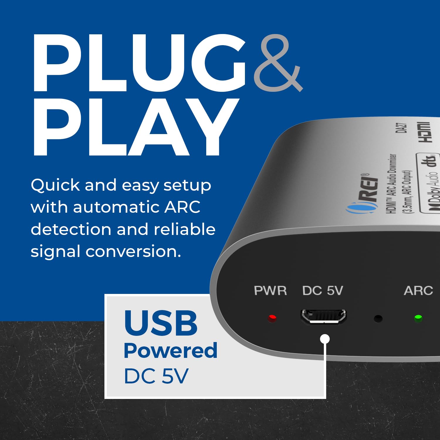 OREI DA27 HDMI ARC Extracteur audio et mélangeur descendant – Dolby DTS 5.1 vers convertisseur stéréo 2 canaux, HDMI ARC Pass-through, sortie analogique 3,5 mm, contrôle du volume CEC pour barre de