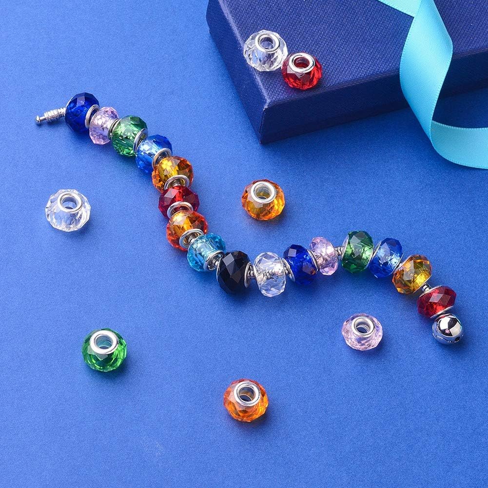 Craftdady 80Pcs Large Hole Faceted Glass European Beads 10 Colors Transparent Rondelle Slider Charm Spacer Loose Beads 14x8-9mm for Jewelry Making Hole: 5mm