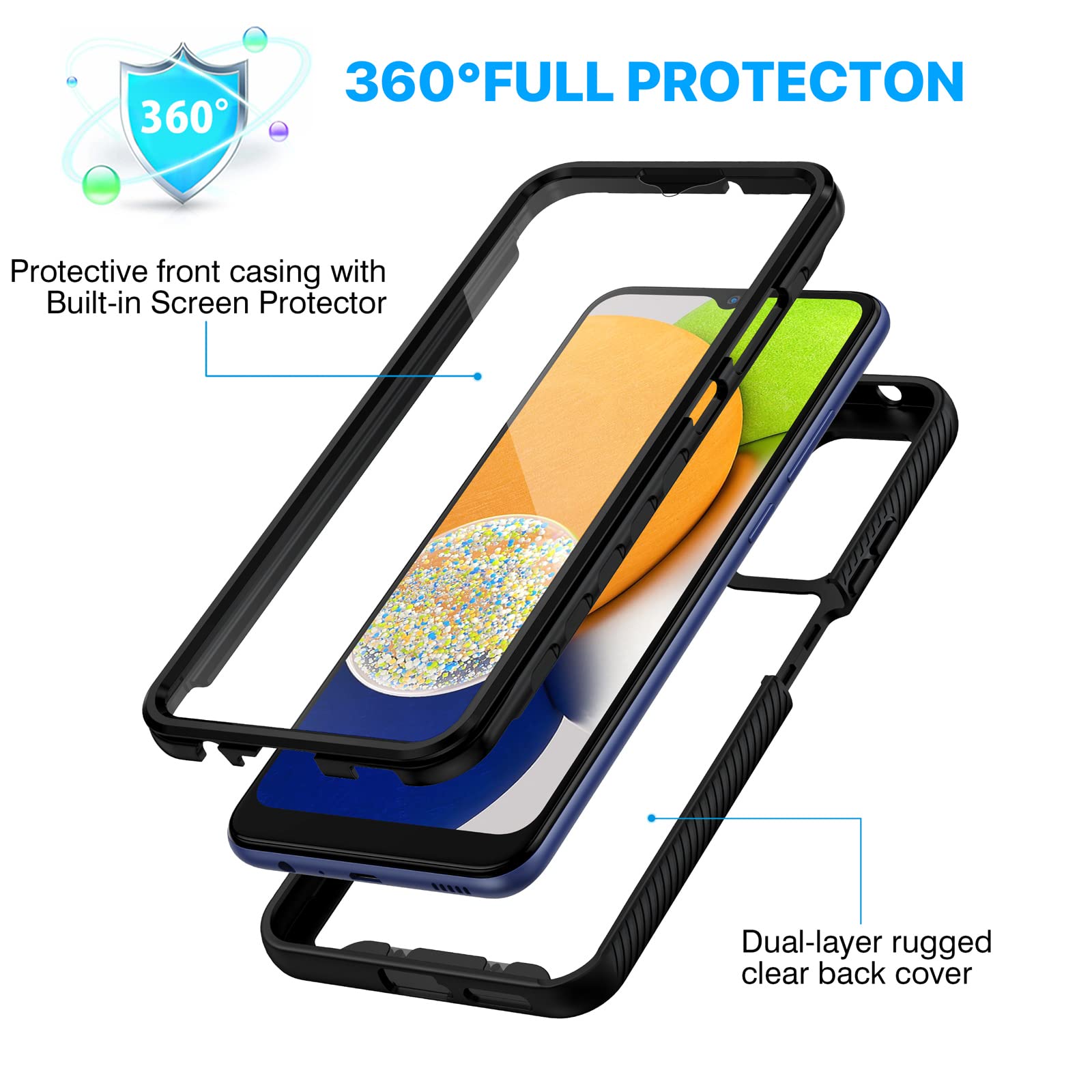 CENHUFO Cover Samsung A03, Custodia Samsung A03 Antiurto 360 Gradi con Protezione Schermo Integrata Rugged Trasparente Case Doppia Faccia Bumper Fronte Retro Cover per Samsung Galaxy A03 - Nero