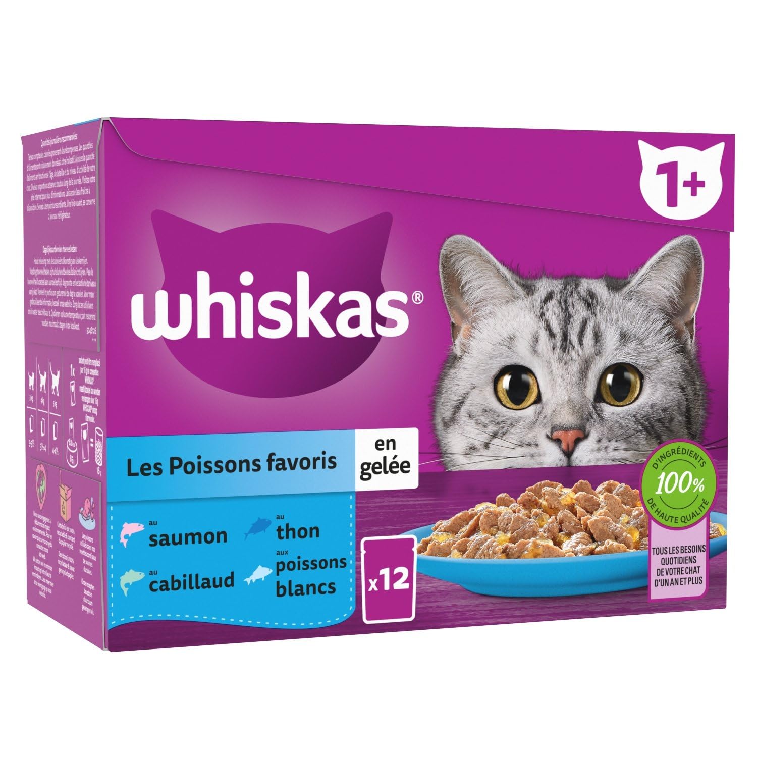 Pâtée pour Chat Adulte en Gelée Saumon Thon Cabillaud Poisson Blanc Les Poissons Favoris WHISKAS - la boîte de 12 sachets fraîcheur Lot De 3 - par Lot