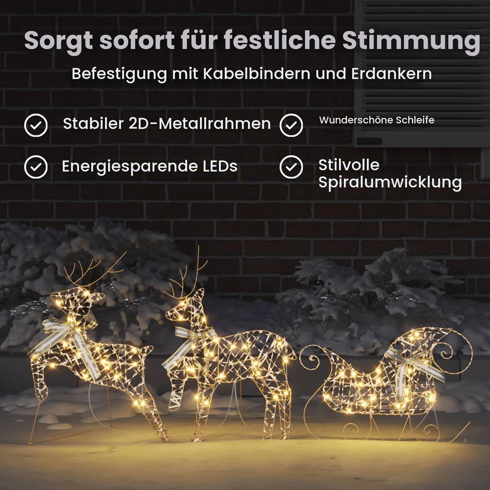 vidaXL LED Rentiere mit 60 LEDs 3 pcs Warmes Weiß PET, Wohnzimmer, Art Deco Weihnachtsdeko, LED Rentier Ornament, festliche Lichter, Innendekoration