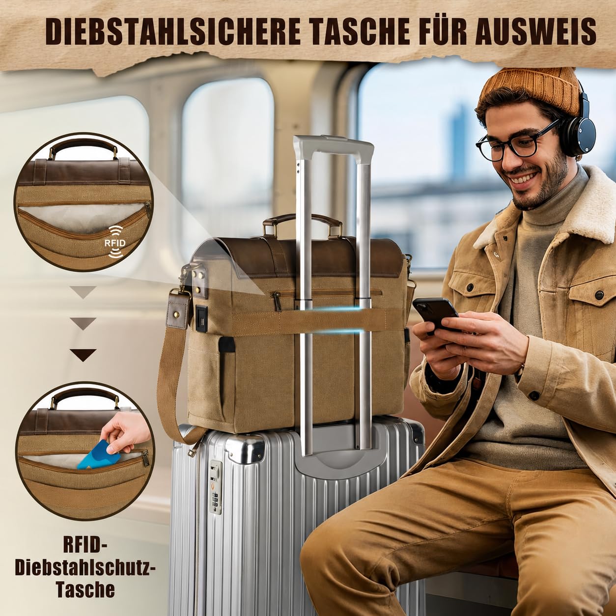 MATEIN Vintage Aktentasche Herren Leder Messenger Bag Laptoptasche 15.6 Zoll USB-Ladeanschluss RFID-Schutzfach Braun