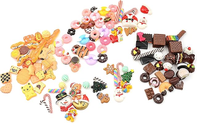 Diyiming 120Pcs Resin 1:12 Dollhouse Miniature Dessert Bread Chocolate Christmas Food Models Decoration Miniature Tableware Play Food Set DIY Decor Doll House