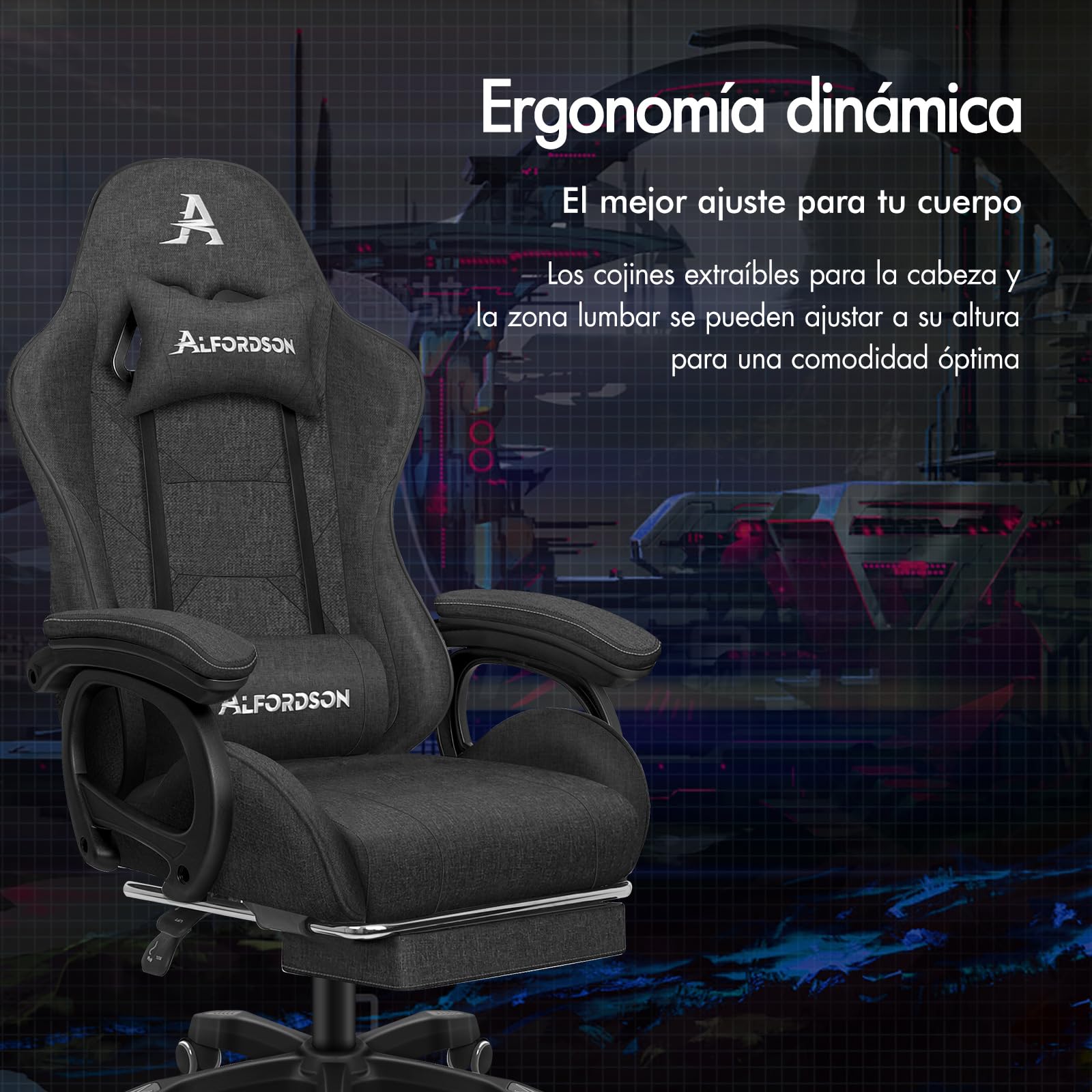 ALFORDSON Silla Gaming con Cojín Lumbar y Cervical, Silla Oficina Gamer Ergonómica Reclinable con Masajeador, Respaldo Alto Acolchado, Ideal Ordenador,Oficina,Videojuego,Escritorio, Lino(Gris Oscura)