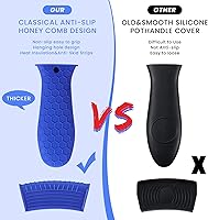 Vista 4 de Patelai Juego de 8 soportes de silicona para ollas, funda de mango de hierro fundido, resistente al calor, agarradera, antideslizante, reutilizable