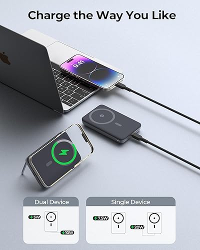 Miniatura 7 de Cargador portátil magnético, 6700 mAh, 20 W, USB-C de carga rápida, cargador de batería inalámbrico con soporte plegable integrado, compatible con