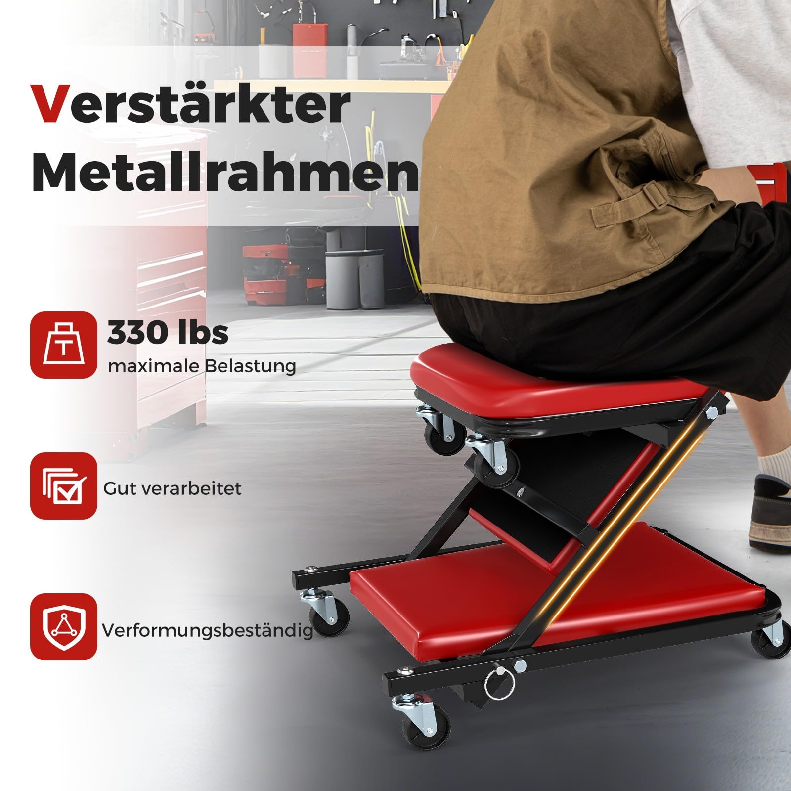 GYMAX Camilla Mecánico Taller Patín, Taburete de Taller 2 en 1 y Patín de Montaje, Camilla de Montaje con Capacidad de 150 Kg, 6 Ruedas Giratorias 360°, Asiento Rodante con Función de Cama (Rojo)