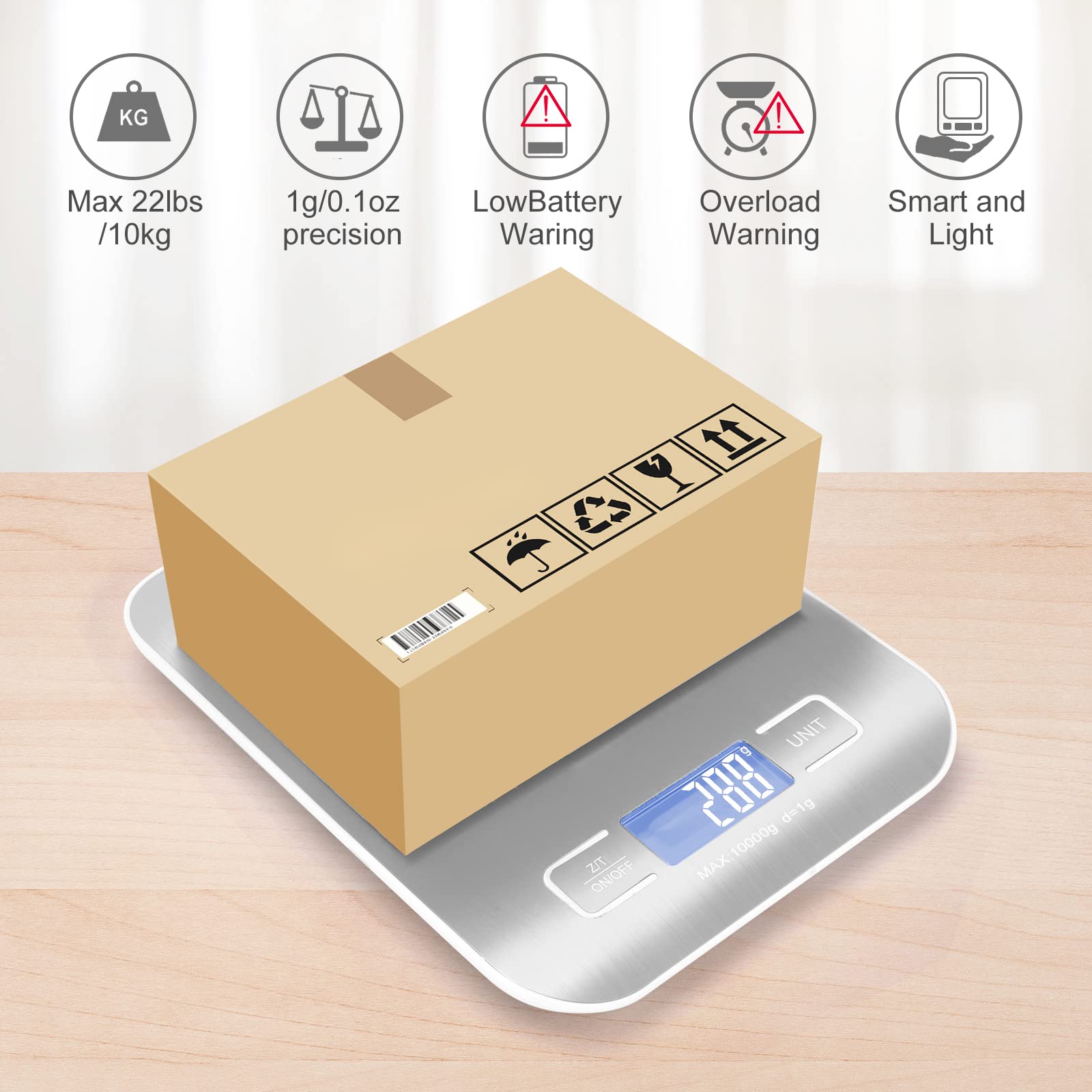 Báscula de envío digital, panel de acero inoxidable, escala postal portátil precisa de 10 kg/1 g para paquetes, pequeñas empresas, cocina, alimentos, hecha a mano, líquidos y boutique (plata)