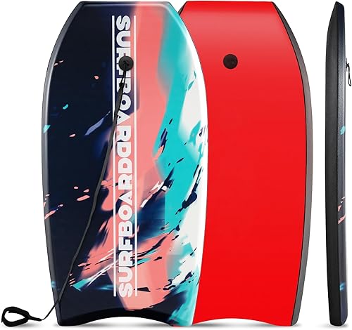 Vista 54 de GYMAX Tablas de cuerpo para playa, 33/37/41 pulgadas con núcleo de espuma EPS, cola creciente, doble canal y correa de muñeca, bodyboard ligero