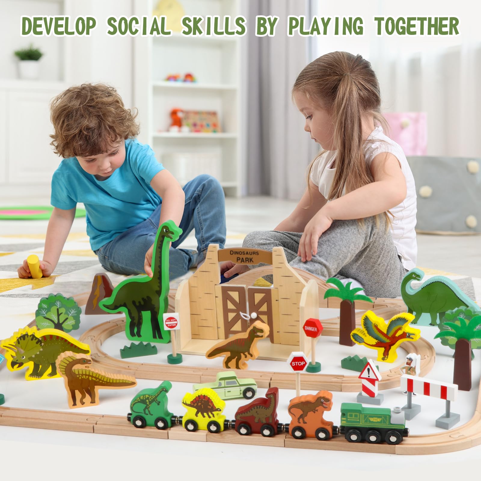 Jacootoys Dinosaurier-Spielzeug für Kinder von 3 bis 5 Jahren, Holzeisenbahnset, kompatibel mit den gängigen Marken, ideales Holzeisenbahnset für 3-, 4-, 5-, 6-, 7- und 8-jährige Kinder