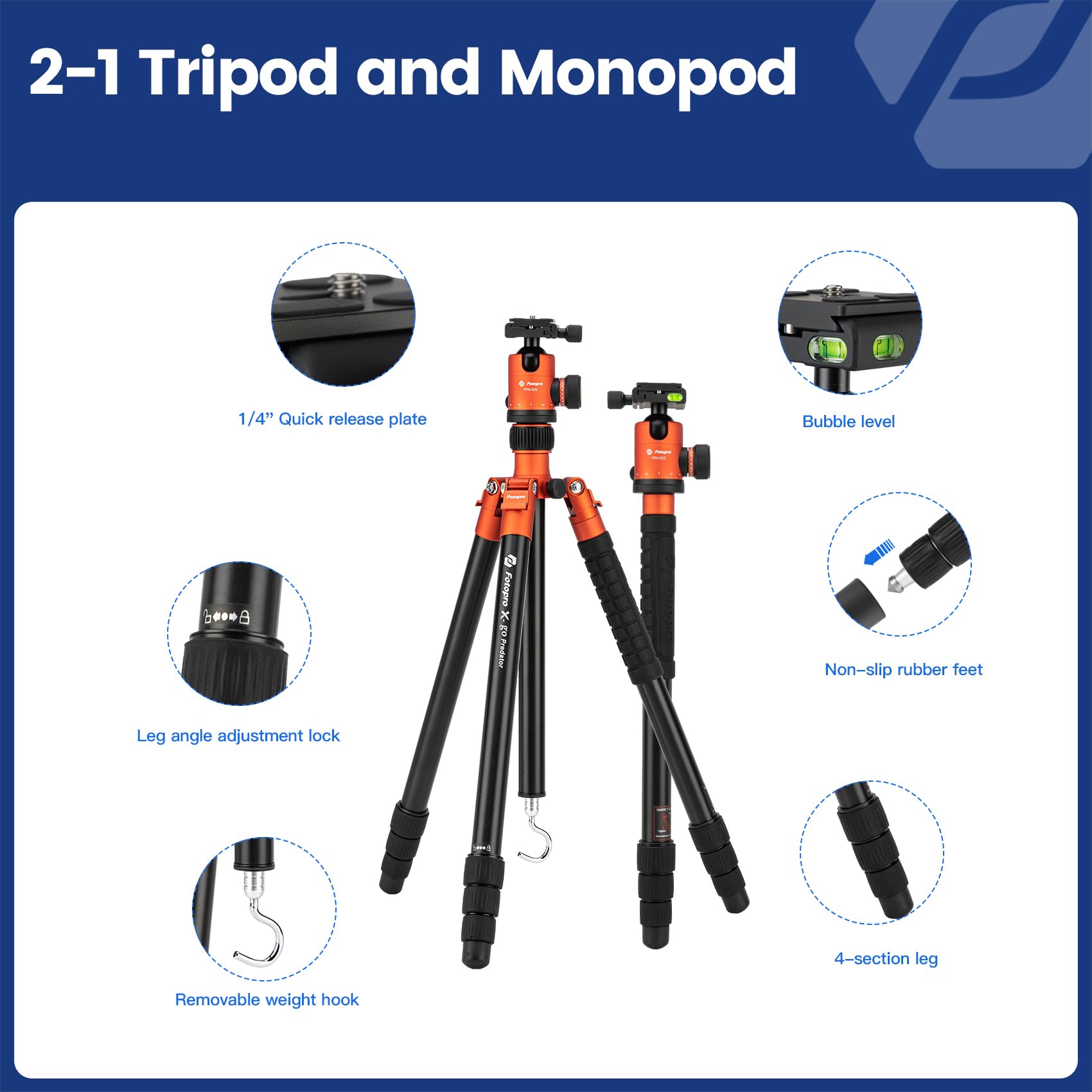 Fotopro Trépied de voyage léger pour appareil photo reflex numérique de 172,7 cm avec tête sphérique, monopode amovible avec plaque à dégagement rapide et sac, charge jusqu'à 12 kg (orange)