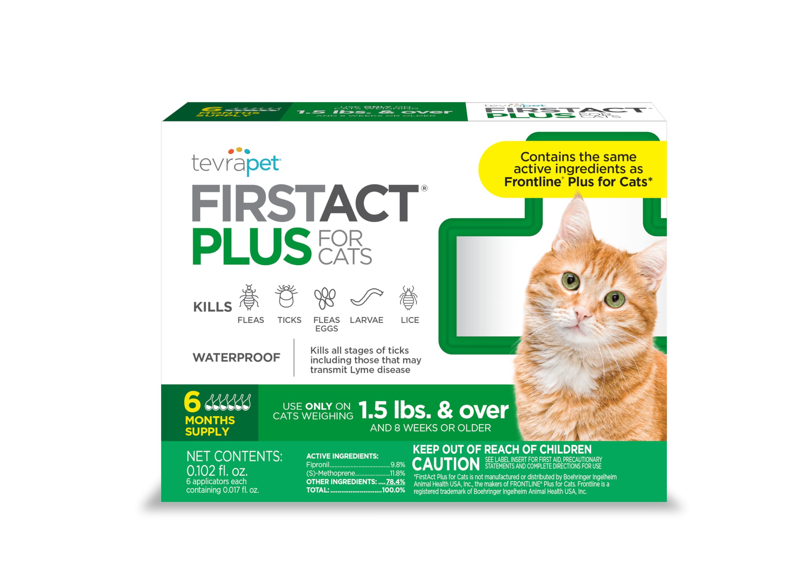 FirstAct Plus Flea and Tick Prevention for Cats Over 1.5lbs, 6 Monthly Doses, Topical Drops