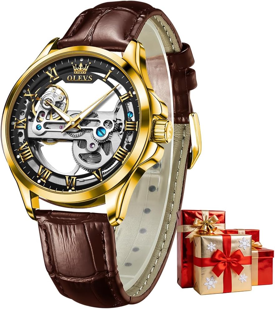 OLEVS Unique Skeleton Automatic Watches for Mens Black Brown Leather Strap Wrist Watches Fashion Luxury Dress Mechanical Male Watch Luminous Waterproof