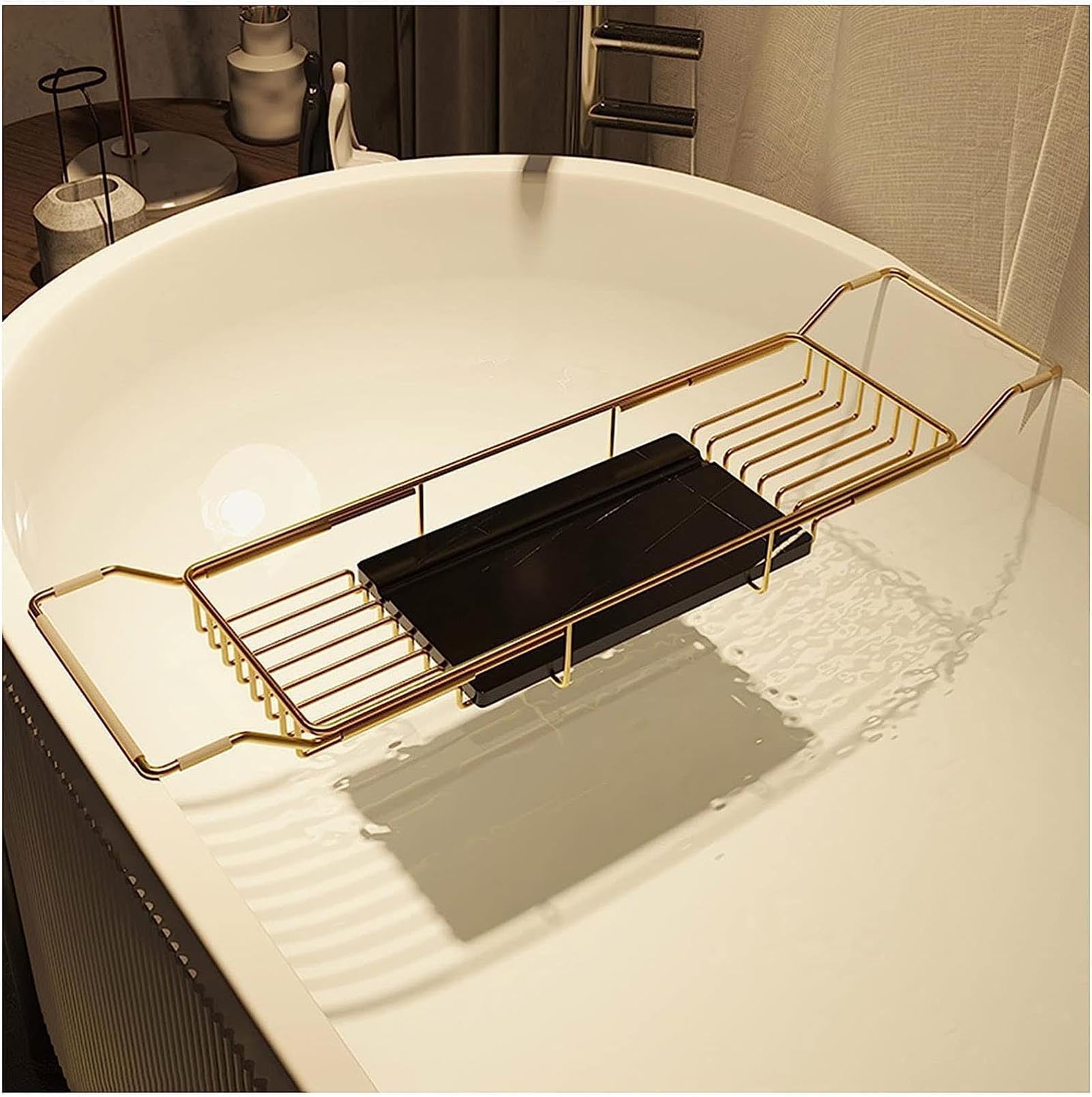 JKJZSALJ Metal Marble Bathtub Rack, Bathtub Caddy Tray Stainless Steel Shower Caddy Tray With Extending Sides, Bathroom Trays, For Hotel Spa Shower Stall-Gold-B,Gold-A