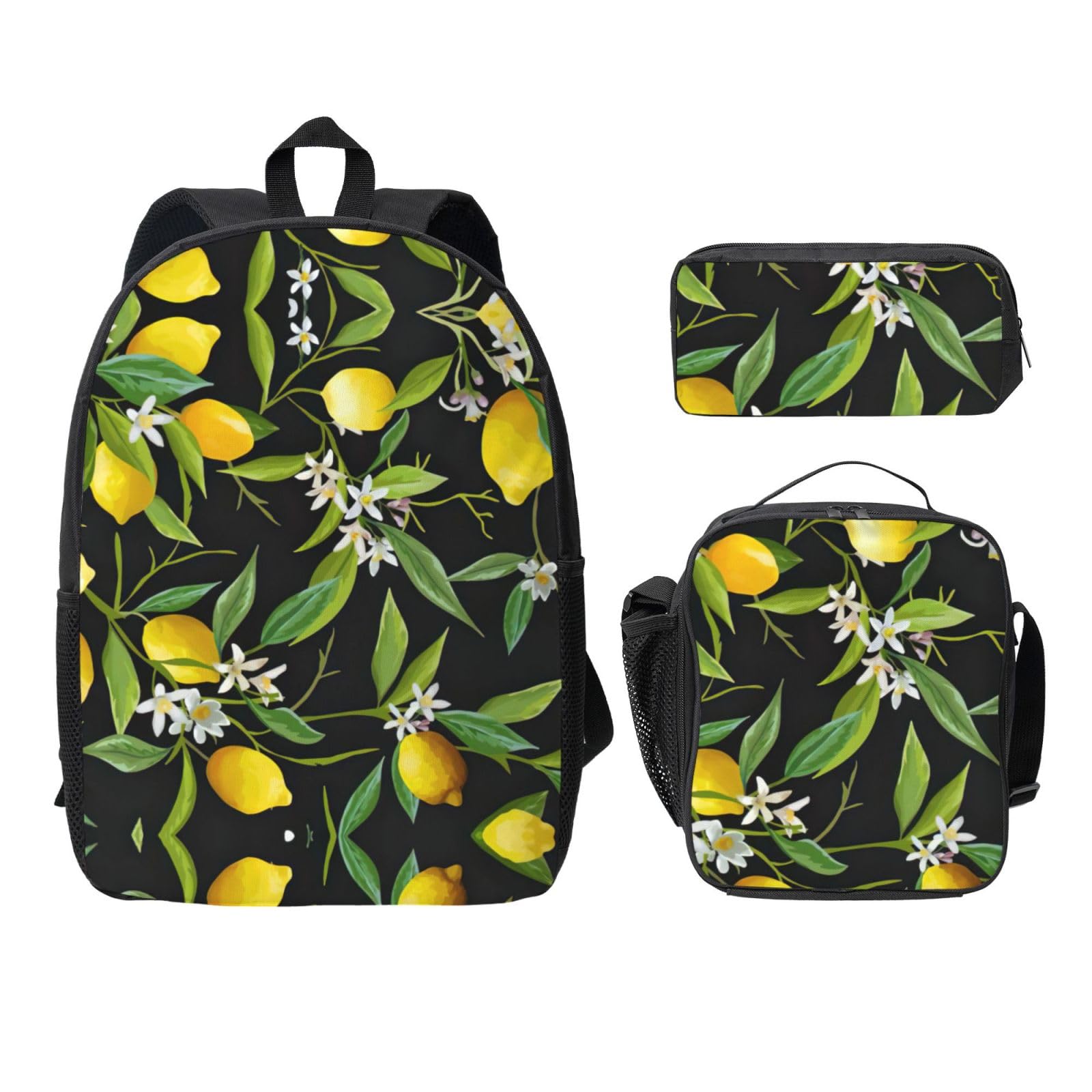 Mochila escolar negra con estampado de limón tres piezas con estuche 8