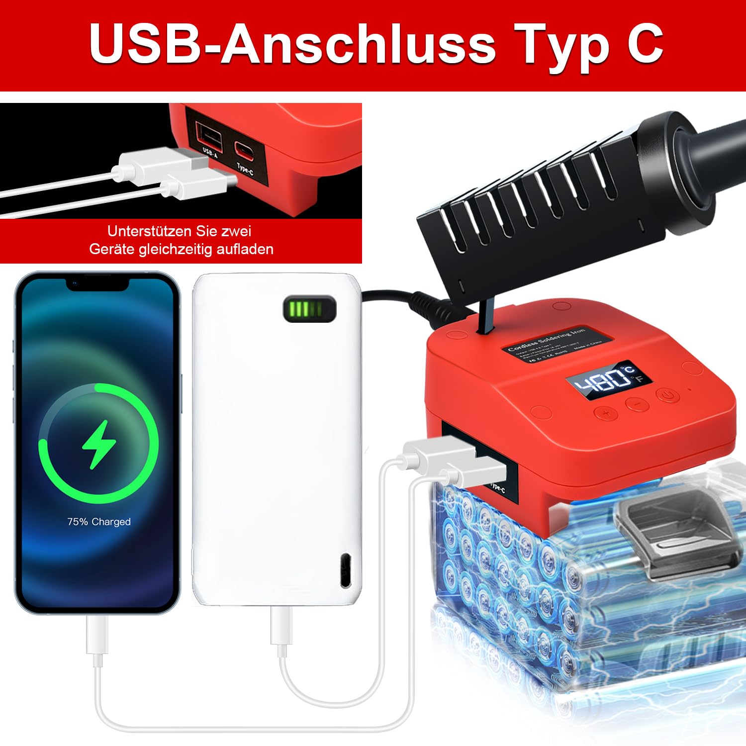 Saldatore senza fili per batteria Makita 18 V, riscaldamento rapido, stazione di saldatura elettrica digitale LCD con porte di ricarica USB e tipo C, per gli appassionati di fai da te