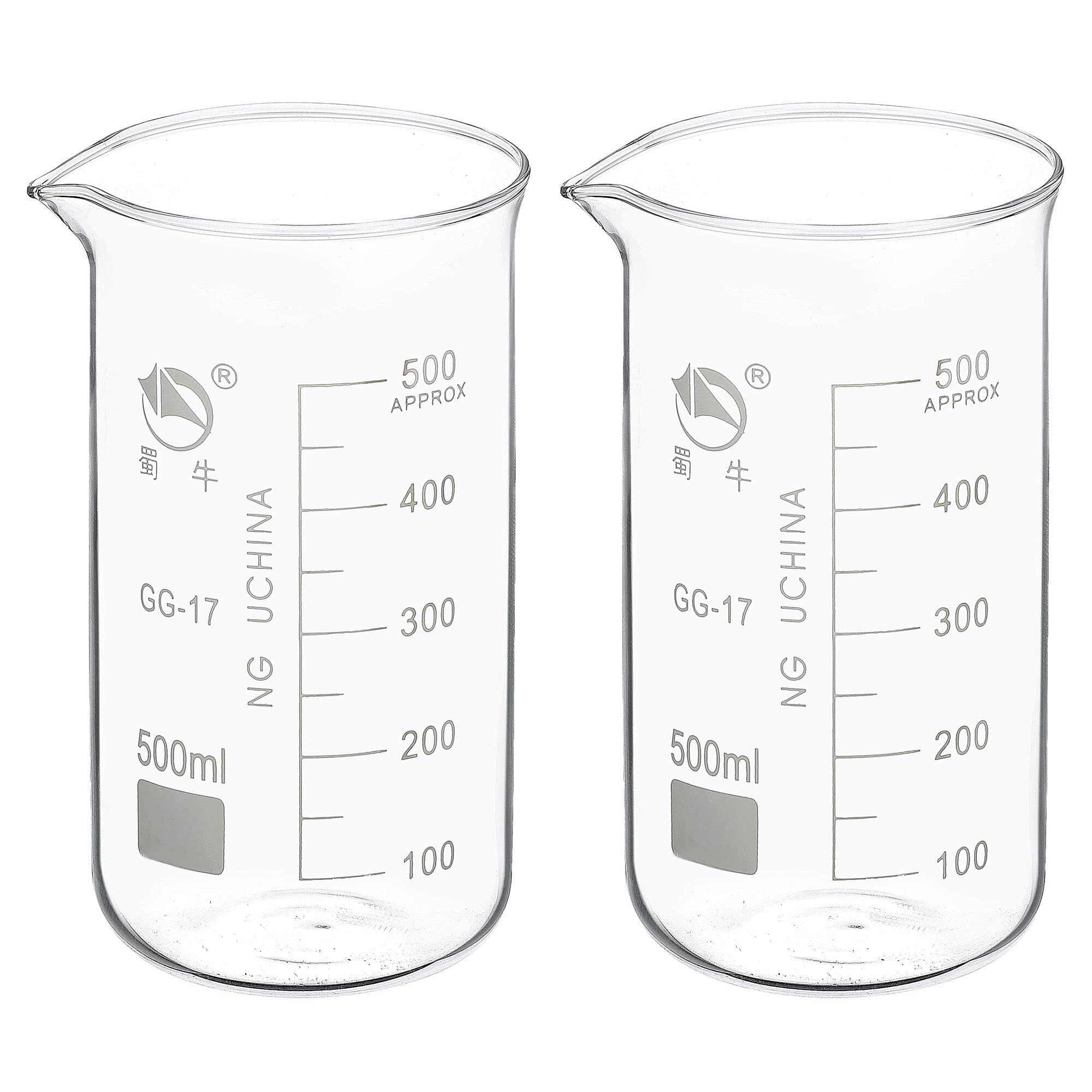Bicchiere da laboratorio con beccuccio, Becher alto in vetro borosilicato, confezione da 2, 25-1000 ml, scala graduata, beccuccio(600ml)