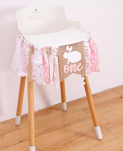 Miniatura 5 de Cartel rosa de feliz cumpleaños  Cartel de primer cumpleaños para silla alta, accesorios de fotos con temática de conejo, los mejores suministros de
