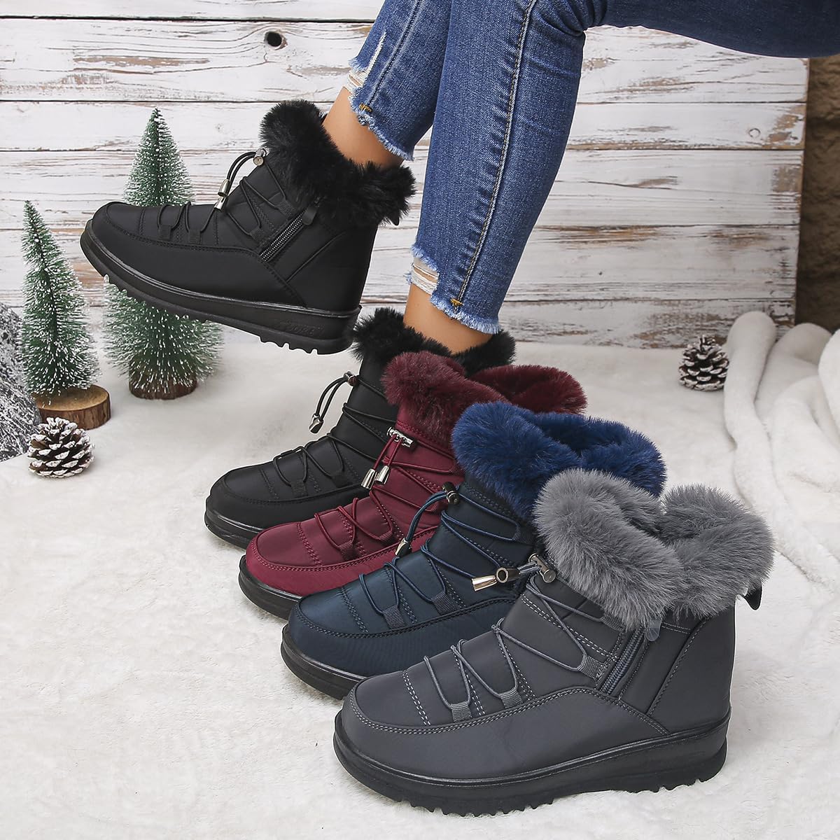 Winter Boots for Women Snow: Fur Lined Warm Ankle Boots - Adjustable Water Resistant Outdoor Zipper Snow Shoes