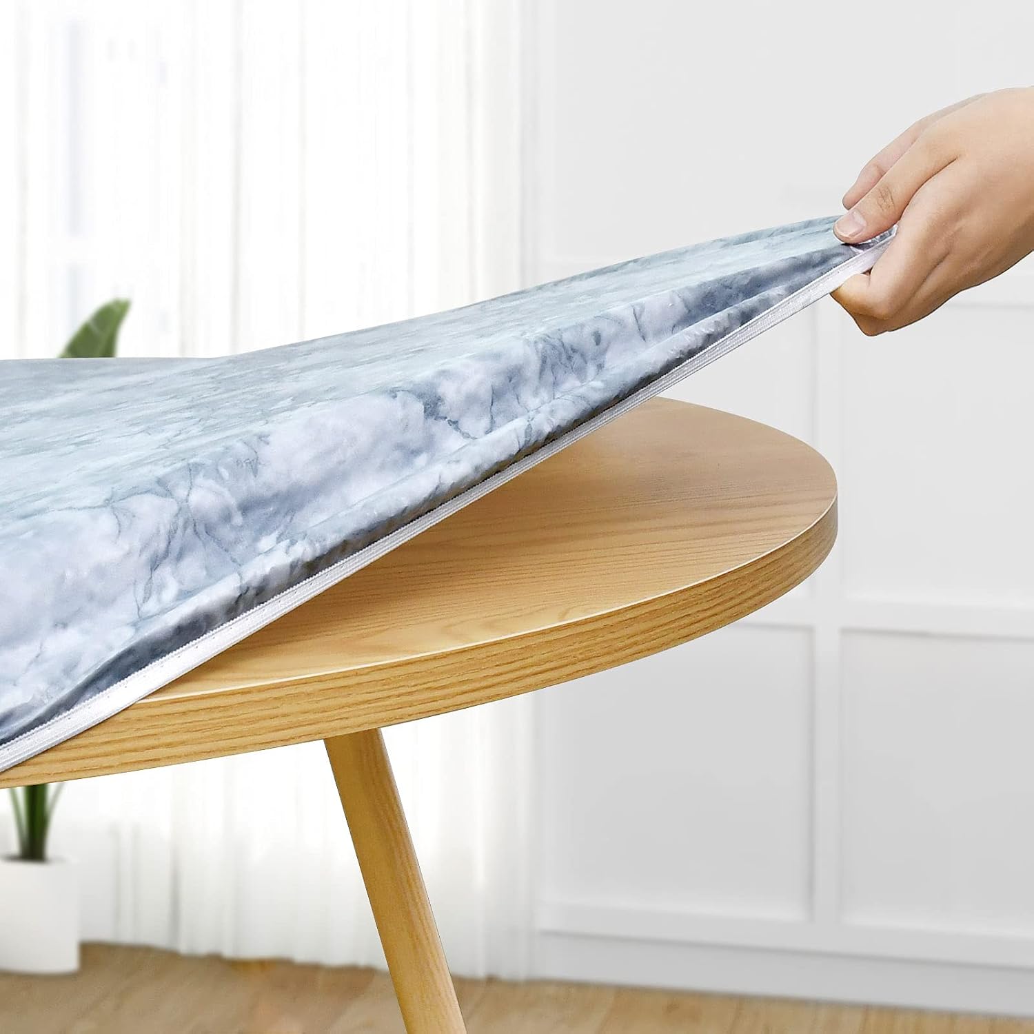 Yoochee Round Fitted Vinyl Tablecloth with Flannel Backing Elastic Edged Waterproof Oil Proof PVC Table Cover for Indoor Outdoor Patio Table Use Round Table Protector (45"-56", Round, Greymarble)
