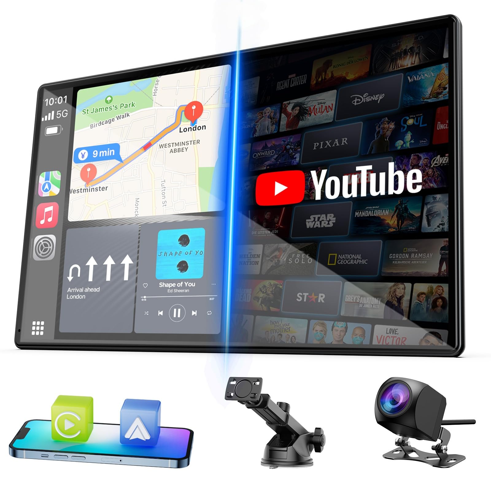LAMTTO 9" Wireless CarPlay Screen with Net-Flix YouTube Apps Portable Car Play Screen for Apple Carplay and Android Auto with Backup Camera Navigation Bluetooth Voice Control AUX Siri