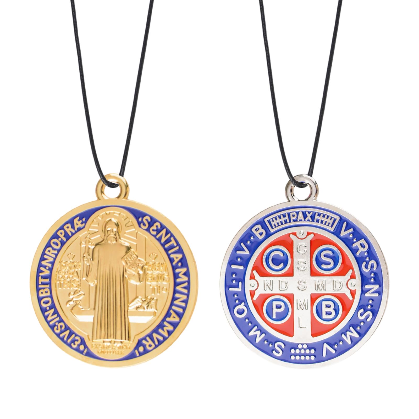 Médaille de Saint Benoît argent et bleu doré lot de 2 avec croix religieuse double face
