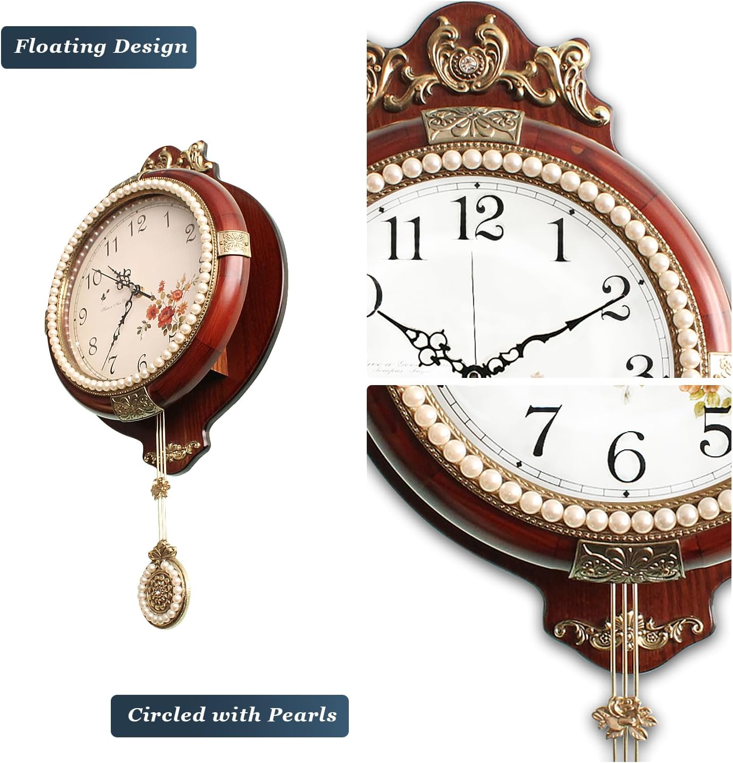 Aero Snail Pendulum Wall Clock, Retro Style Silent Clock with Pearls Decoration, Vintage Decor European Victoria Wood Clock for Indoor Bedroom Living Room, W224A