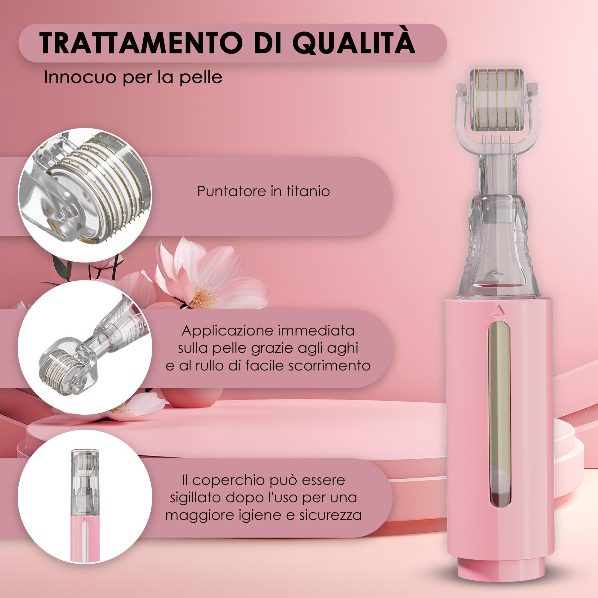 HAMINOS Derma roller 0,25 mm con Serbatoio per Labbra, Pelle, Capelli, Rughe, Smagliature, Iperpigmentazione APPLICAZIONE DEL SIERO ISTANTANEO, 105 aghi in titanio